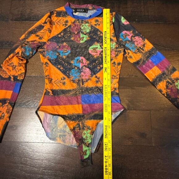 Akira sheer colorful bodysuit women’s size small long sleeve geometric abstract - Picture 8 of 8